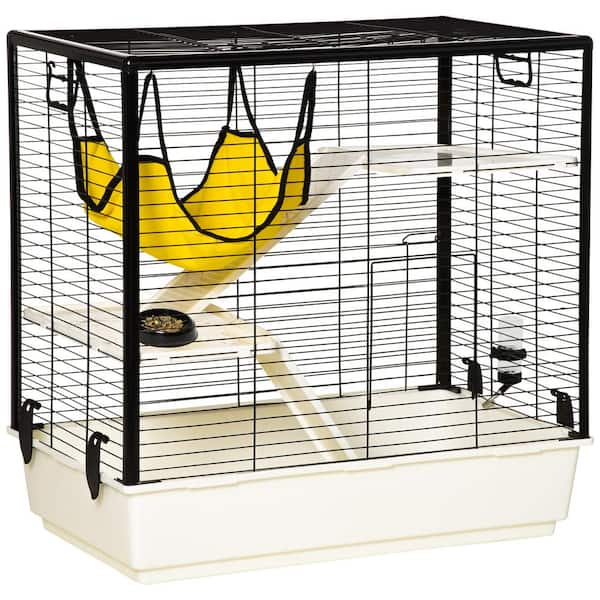 PawHut Small Animal Cage Habitat Indoor With Accessories Hammock Water Bottle Balcony Ramp Food Dish Yellow-31.5 in.