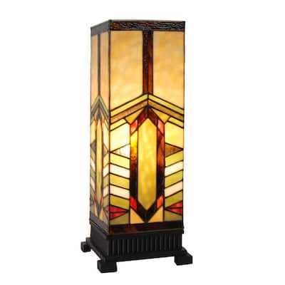 17 in. Multi-Colored Stained Glass Indoor Table Lamp with Mission Style Stone Mountain Shade