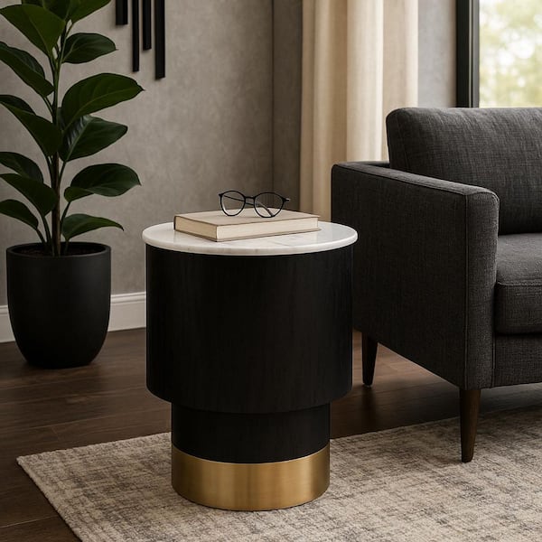 Liv & Skye 16 in. Black Round Marble Top End Table with Gold Pedestal