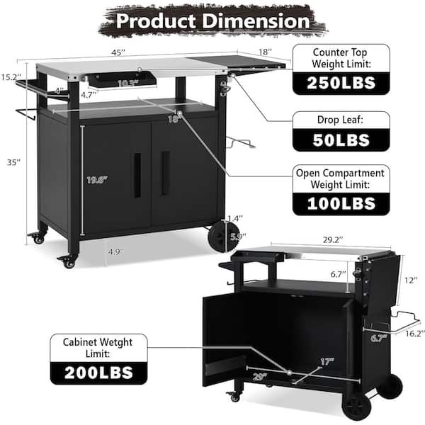 Metal Outdoor Grill Cart Kitchen Island with Foldable Table