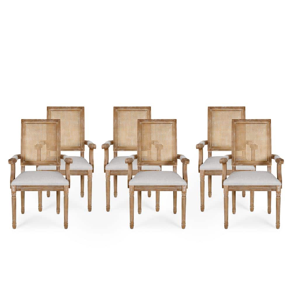 Light Gray Upholstered Arm Chair with Cane Back, Set of 6