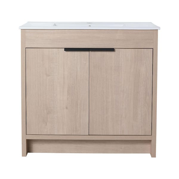 EPOWP 35.9 in. W x 18.3 in. D x 34.3 in. H Freestanding Bath Vanity in Plain Light Oak with White Ceramic Top