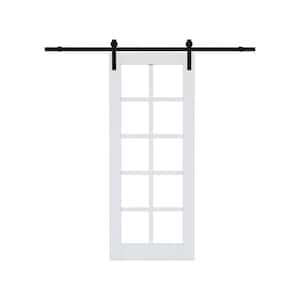 36 in. x 80 in. 10-Lite Tempered Clear Glass White Primed MDF Composite Sliding Barn Door with Hardware Kit