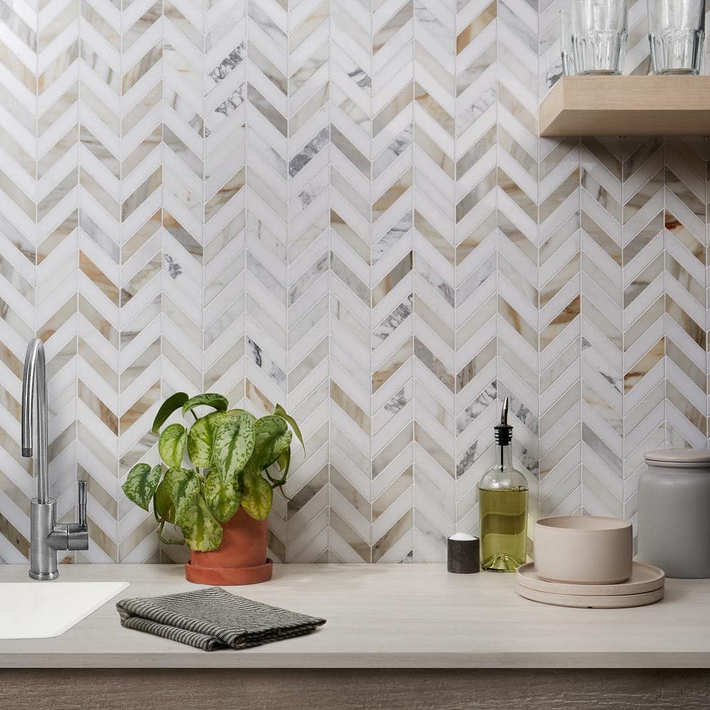 Calacatta and Thassos Marble Chevron Mosaic Tile