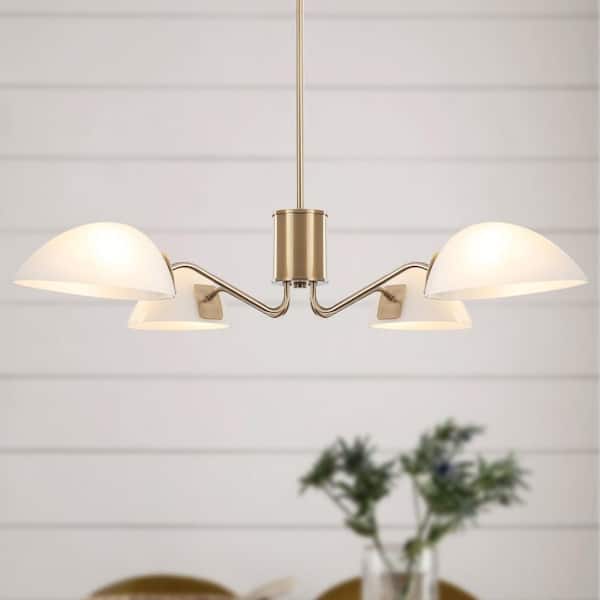 4-Light Brass Hanging Linear Island Chandelier Lighting Fixture with Glass Shade for Kitchen Island