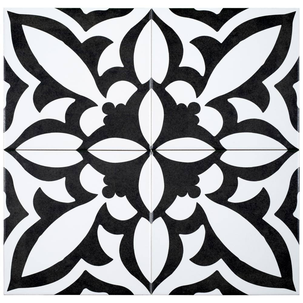 Luv Ti'Amo 8" Black and White Porcelain Encaustic Tile