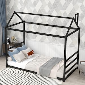 Black Metal Twin Size House Platform Bed with Roof and Chimney Design