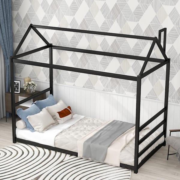 Harper & Bright Designs Black Metal Twin Size House Platform Bed with Roof and Chimney Design