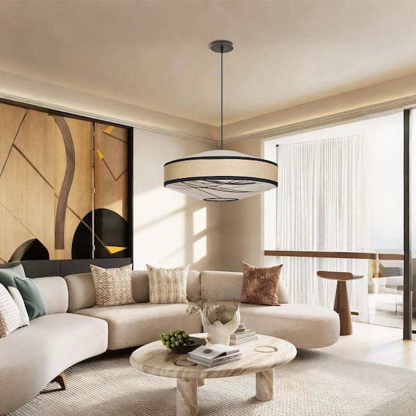 1 Light Off-White Hand-Painted Floral Fabric Pendant Light with Drum Shape, No Bulbs Included 32 in.