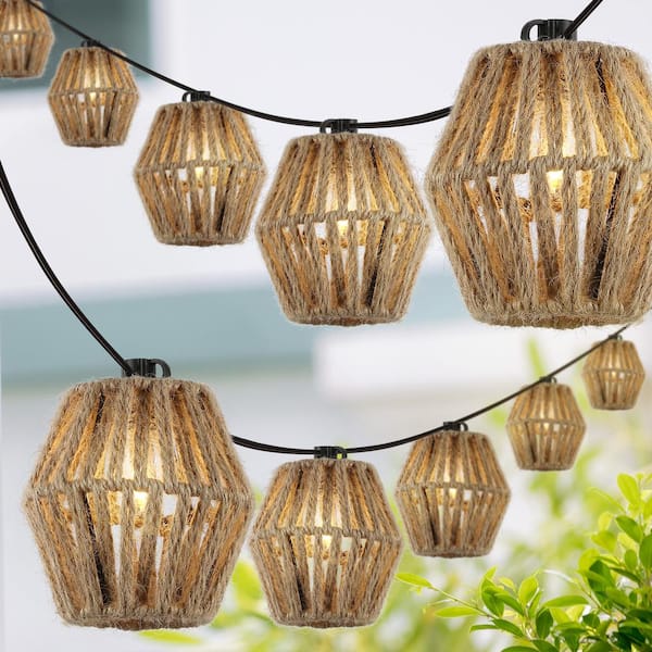 Samara 10-Light 10 ft. Indoor/Outdoor Plug-In Mid-Century Classic LED C7 Lantern Hemp Rope Shaded String-Light, Brown