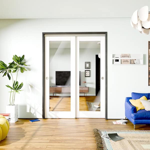 64 in. x 80 in. (Double 32 in.) White MDF Wood, Solid Core 1-Lite Mirrored Glass Interior Door Slab with Bypass Hardware