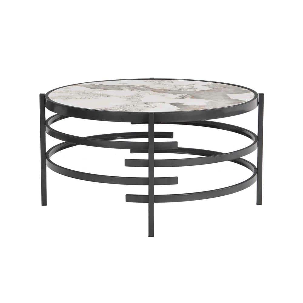 32.48 in. Gray Round Sintered Stone Coffee Table with Sturdy Metal Frame