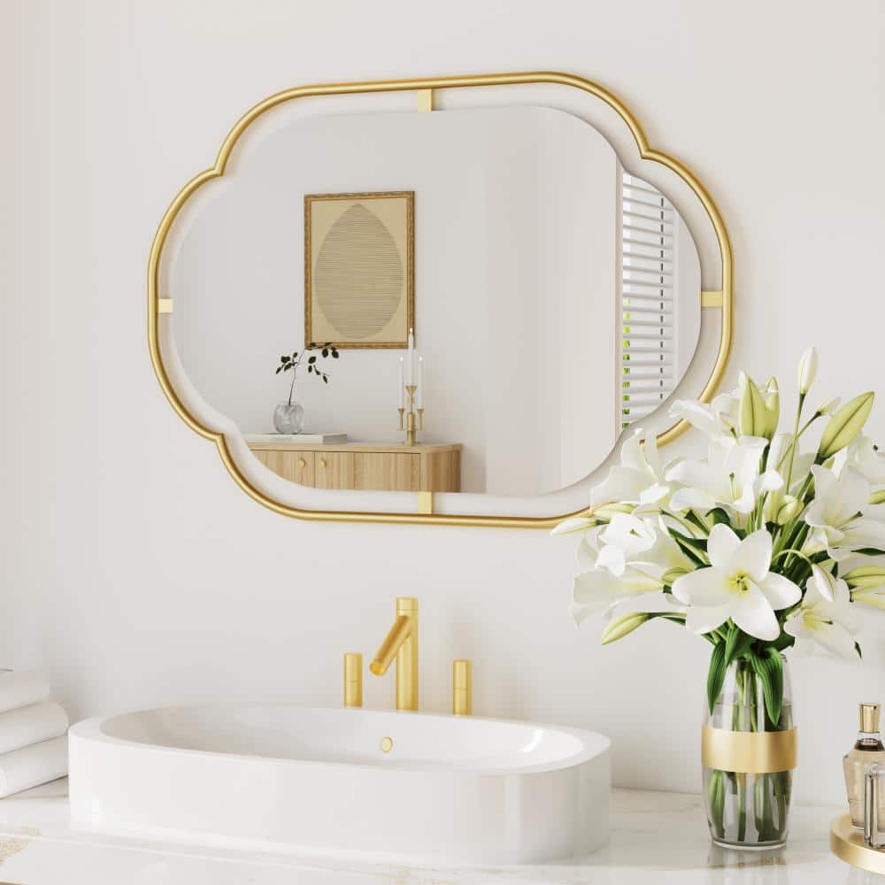 "19"" W x 27"" H Iron Framed Irregular Scalloped Wall Bathtoom Mirror in Gold" price history on PriceWatchPro