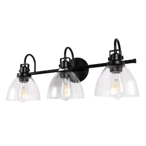 Industrial Rustic 25 in. 3-Light Matte Black Seeded Glass Vanity Light, E26 Base without Bulbs