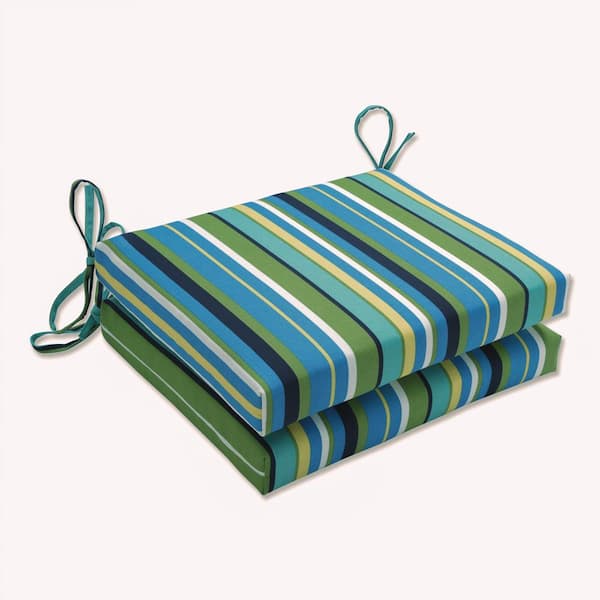 Pillow Perfect Striped 18.5 in. x 16 in. Outdoor Dining Chair Cushion in Blue/Green (Set of 2)