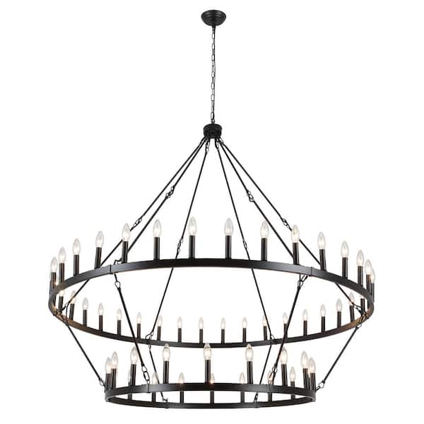 54-Light Brass Candlestick Circle Wagon Wheel Chandelier 2-Tier Farmhouse Chandelier Lighting for Kitchen Island