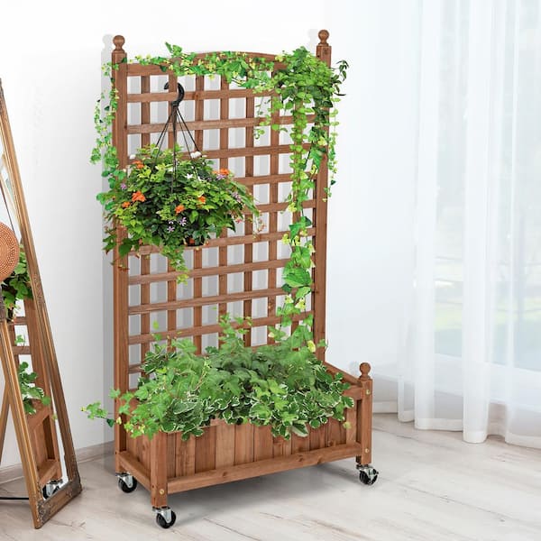 Costway 50 in. Wood Planter Box with Trellis Mobile Raised Bed for