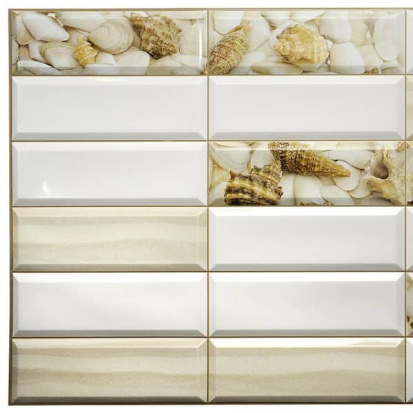 Dundee Deco 3D Falkirk Retro 1/100 in. x 38 in. x 19 in. White Beige Faux Shells Sand PVC Decorative Wall Paneling (5-Pack)
