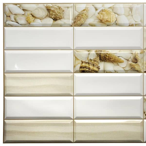 Dundee Deco 3D Falkirk Retro 10/1000 in. x 38 in. x 19 in. White Beige Faux Shells Sand PVC Wall Panel