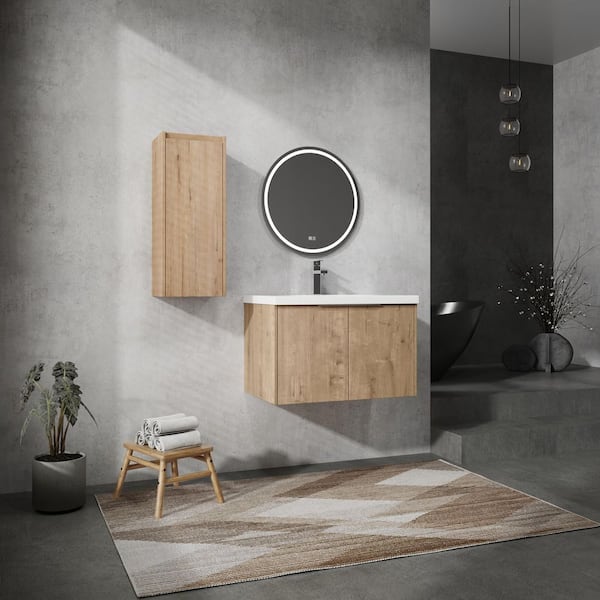 Combined 29.5 in. W X 18.1 in. D x 19.3 in. H Floating Bath Vanity in Imitative Oak with White Resin Vanity Top