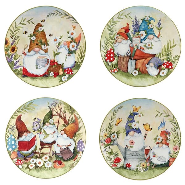 Garden Gnomes Multicolored Earthenware Dinner Plate Set Of 4