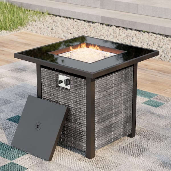 Sonkuki 28 in. 50000 BTU Square Grey Wicker Fire Pit Table Patio Propane Gas with Tempered Glass Tabletop and Clear Glass Rocks