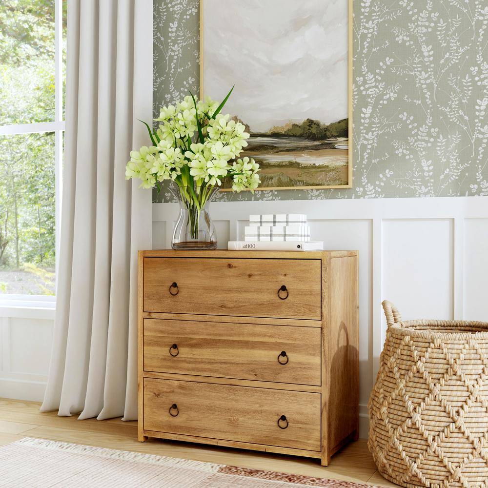 Natural Wood 3-Drawer Chest with Black Metal Hardware