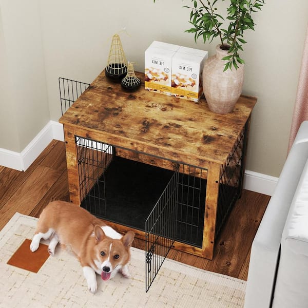 Gymax Brown Wood Dog Crate Furniture for Small/Medium Dogs 33 in