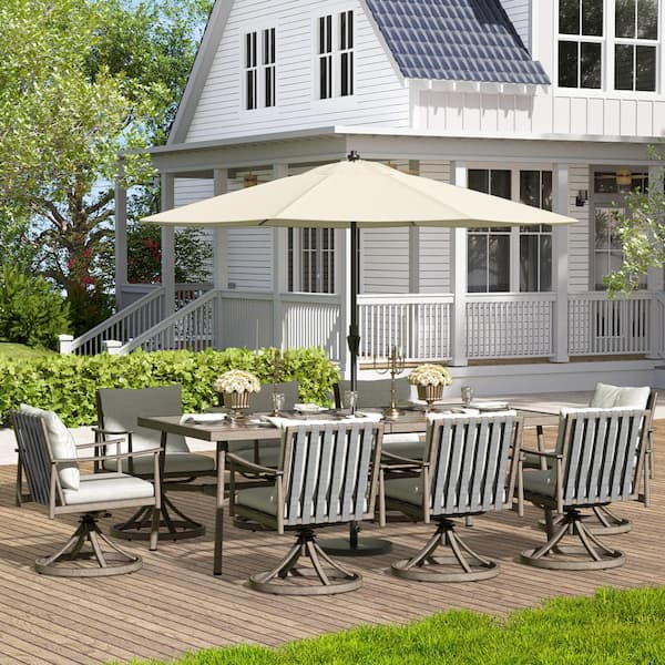 ChillPavilion Sunset Retreat 9-Piece Aluminum Outdoor Dining Set with Swivel Chairs and Light Gray Cushions