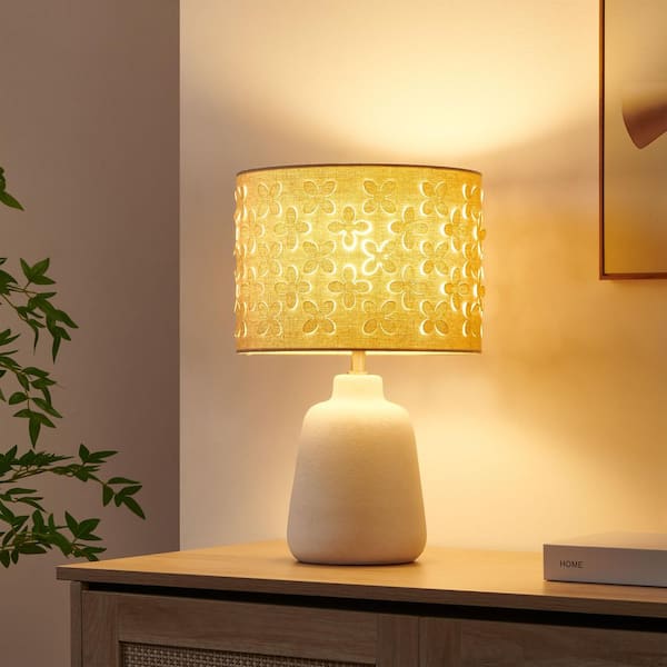 17.25 in. Modern Off White Ceramic Table Lamp with Beige Linen Shade for Living Room and Bedside
