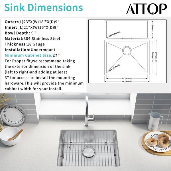 Attop 18-Gauge Stainless Steel 23 in. 0-Hole Single Bowl