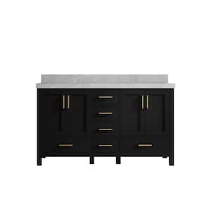 Malibu 60 in. W x 22 in. D x 36 in. H Double Sink Bath Vanity in Black with 2 in. Pearl Gray Quartz Top