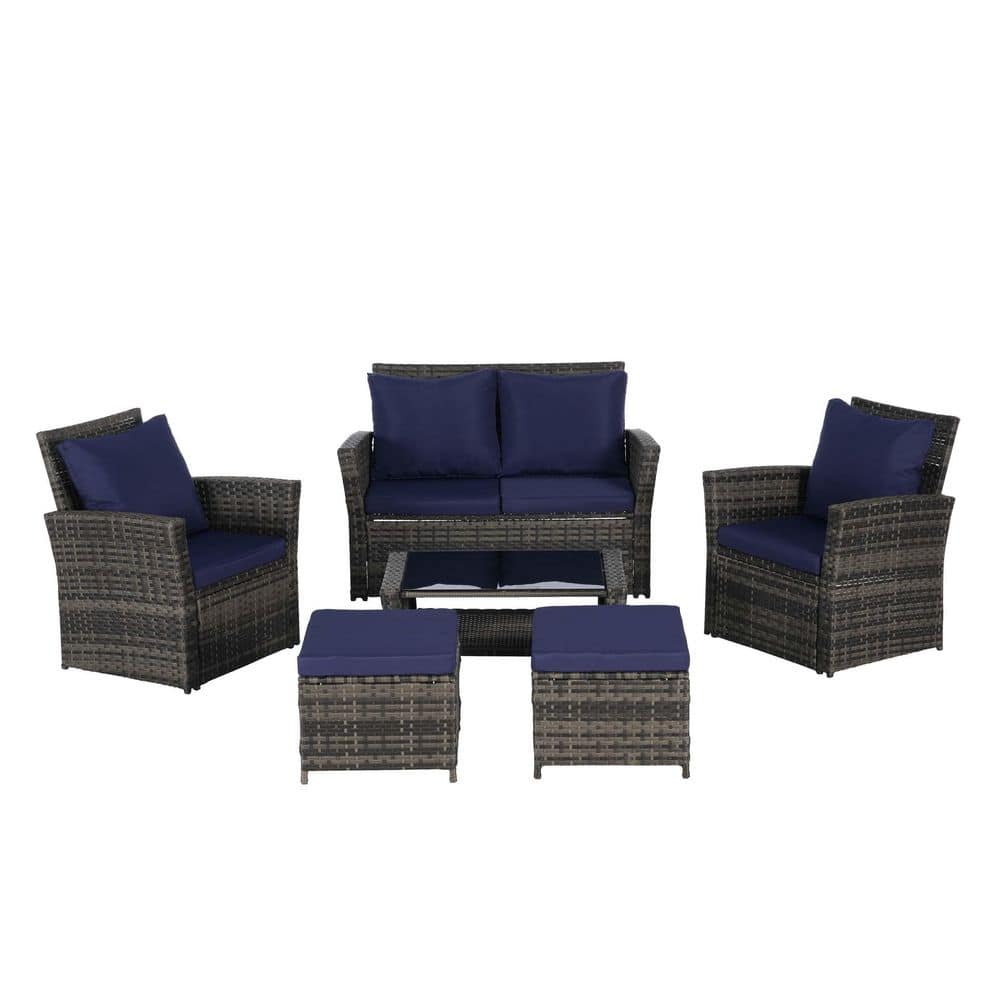 6-Pieces Wicker Patio Conversation Set, Outdoor Furniture with Dark Blue Cu