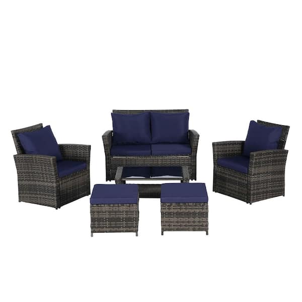 Unbranded 6-Pieces Wicker Patio Conversation Set, Outdoor Furniture with Dark Blue Cushions, Ottoman, Tempered Glass Coffee Table