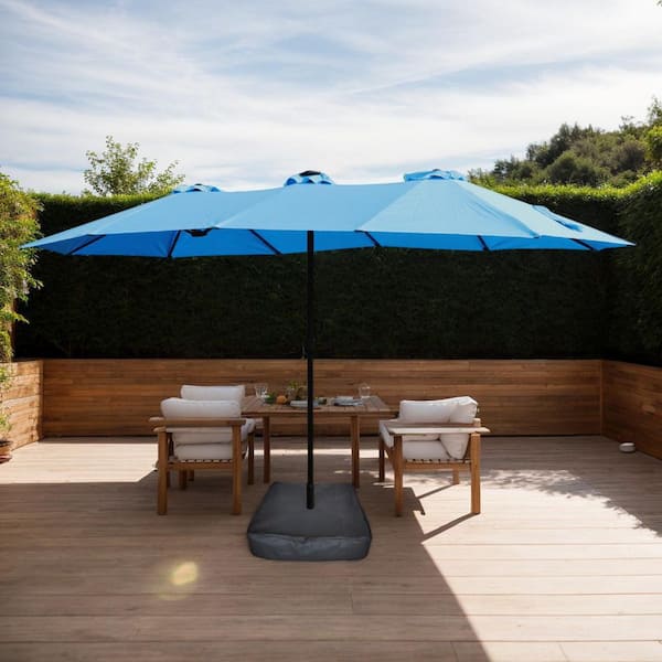 cornflower blue patio umbrella 15 ft. Metal Market Patio Umbrella in Blue with Light and Base MAKUMbeeT7