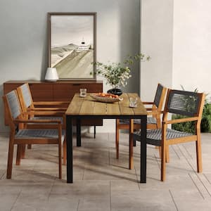 Lysandra 5-Piece Outdoor Patio Dining Set, Rope Weave Chairs, Metal Frame Table, Acacia Wood, Dark Grey + Teak + Black