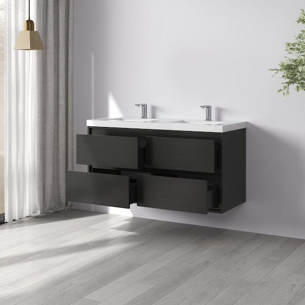 Purus 48 in. W x 20 in. D x 26 in. H Double Sink Wall Mounted Bath Vanity in Black Oak with White Cultured Marble Top