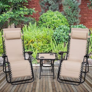 3-Pieces Steel Frame Outdoor Patio Folding Portable Zero Gravity Reclining Chaise Lounges Chairs Table Set in Beige