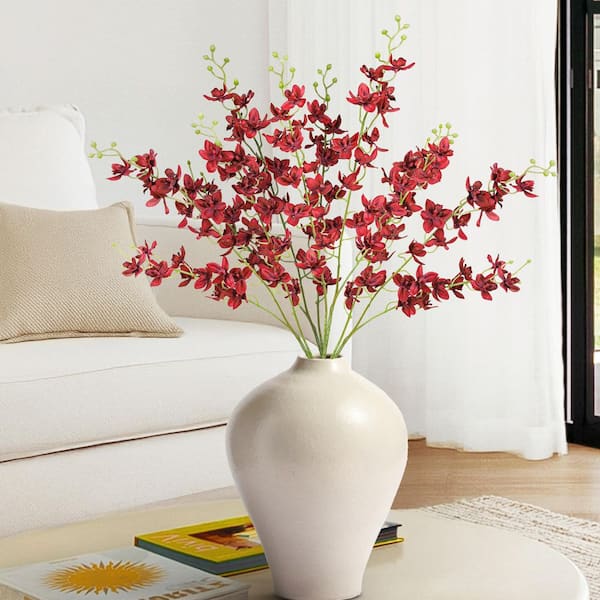 LIVING LUXURY 34 in. Red Artificial Dendrobium Orchid Flower Stem Spray (Set of 4)