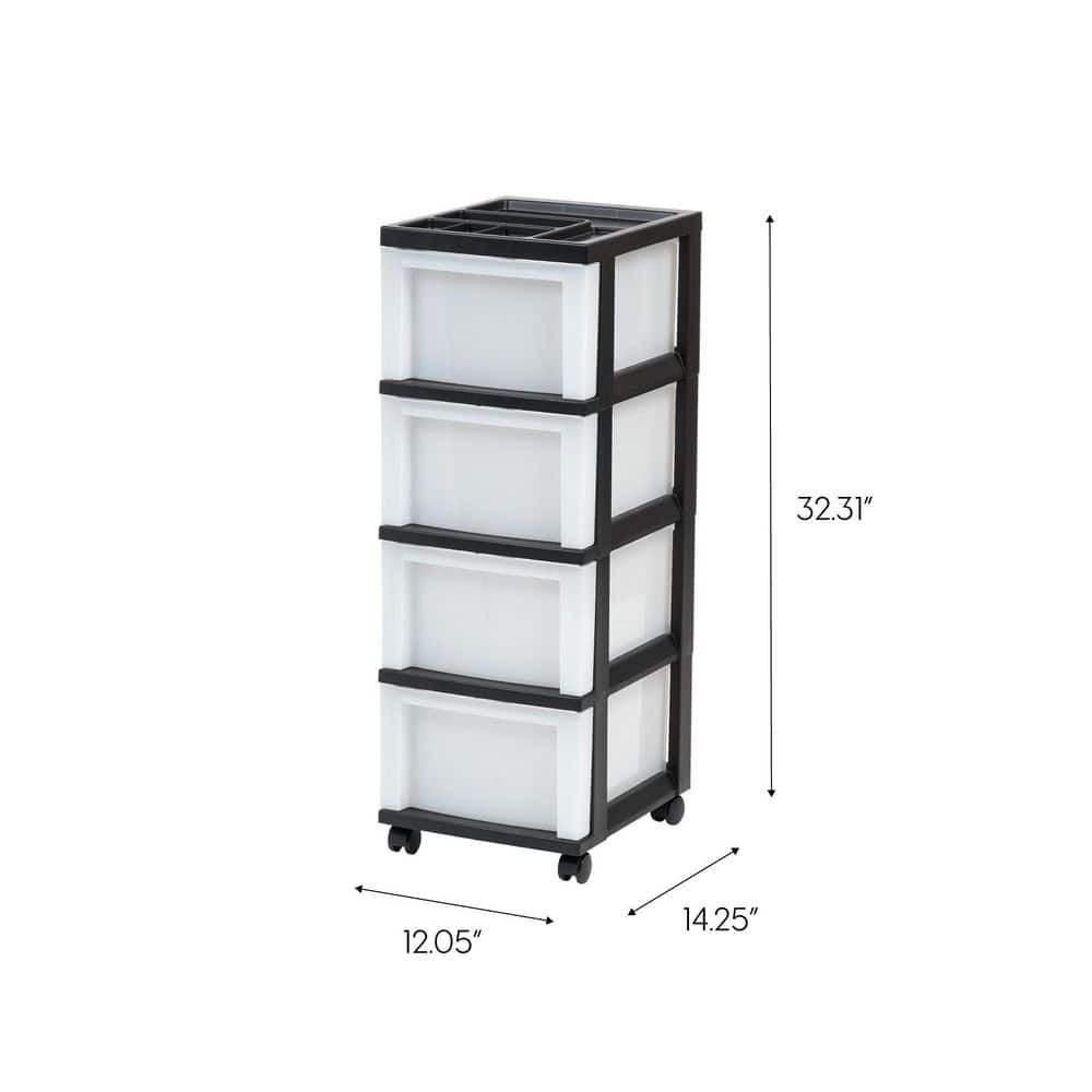 Sleek Black 4-Drawer Storage Cart with Organizer Top and Smooth-Glide Wheels