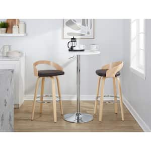 Grotto 29.5 in. Brown Faux Leather, Natural Wood and Chrome Metal Fixed-Height Bar Stool (Set of 2)