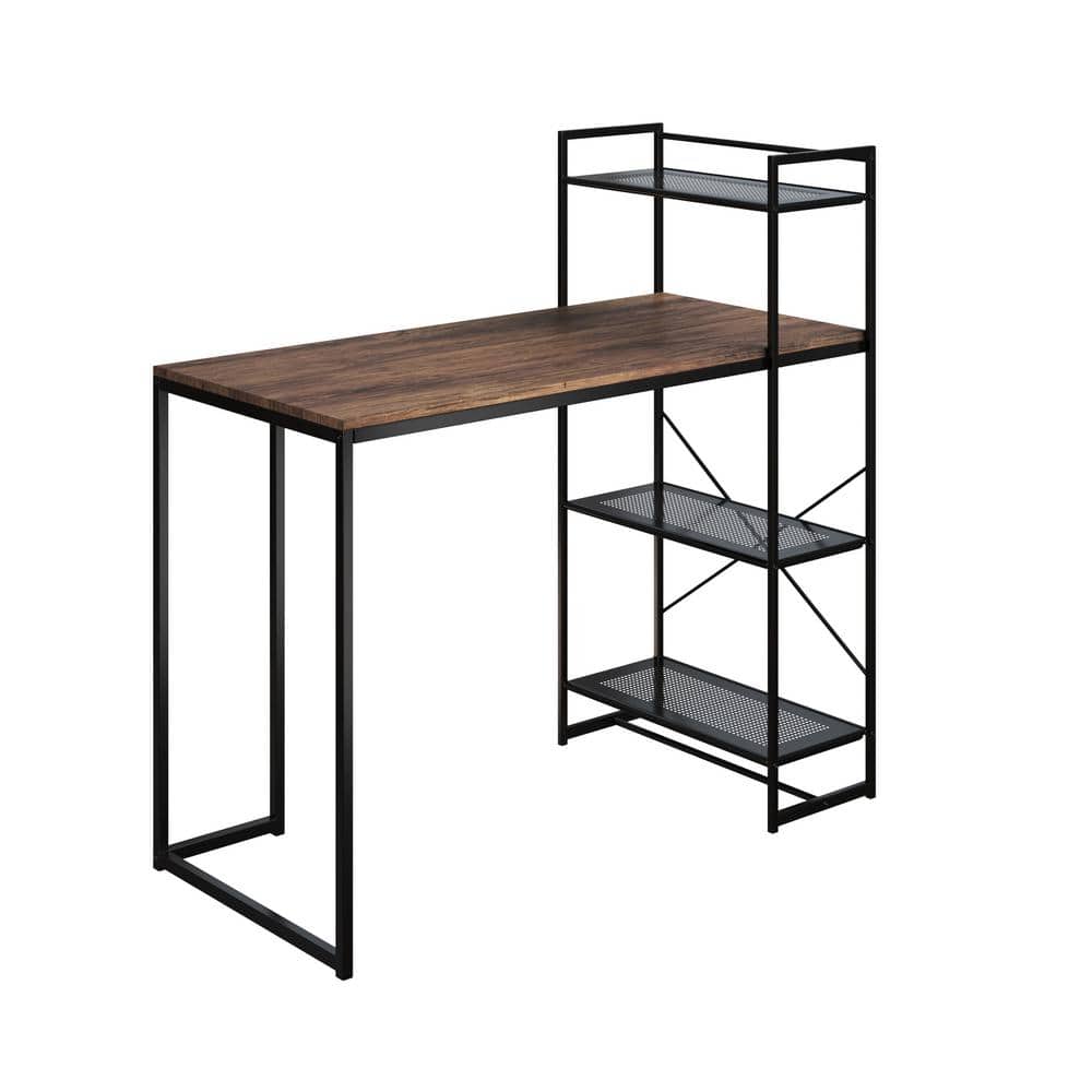 Compact Industrial-Style Black Metal and Wood Computer Desk with Storage