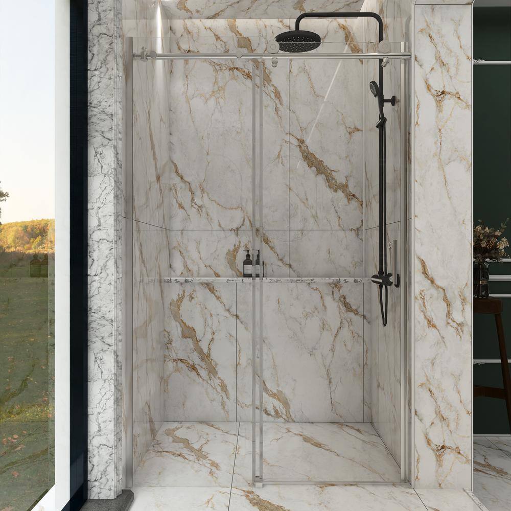 48 in. W x 76 in. H Single Sliding Semi-Frameless Shower Door in Chrome Fin