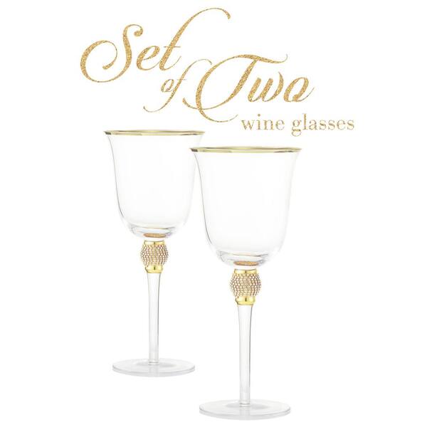 Berkware Luxurious and Elegant Sparkling Studded Long Stem Red Wine Glass  With Gold Tone Rim - Set of 6 Wine Glasses