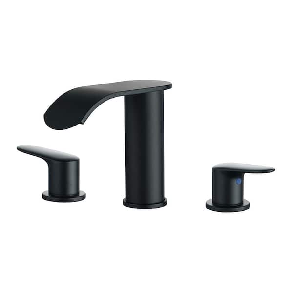 IVIGA Stainless Steel 8 in. Widespread Double Handle Waterfall Bathroom Faucet with Drain and Supply Lines in Matte Black