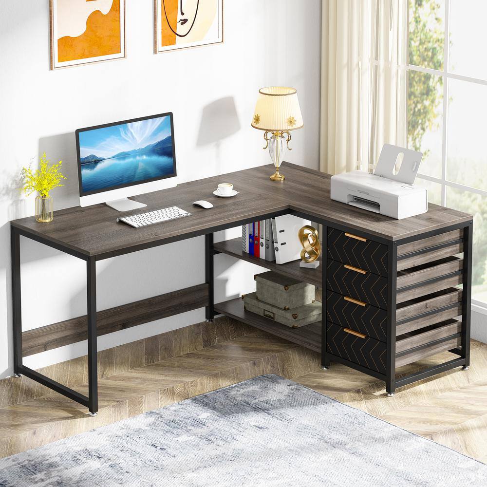 Lanita 59 in. L-Shaped Gray Engineered Wood 4-Drawer Executive Desk with Shelves, Reversible Computer Desk Writing Table