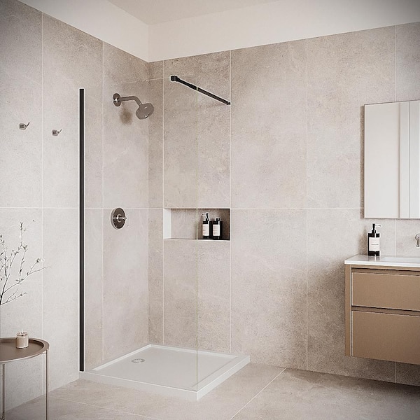 Sinni 36'' x 76'' Semi-Frameless Fixed Panel with CrystalTech Treated 5/16'' Tempered, Clear Glass, Matte Black Hardware