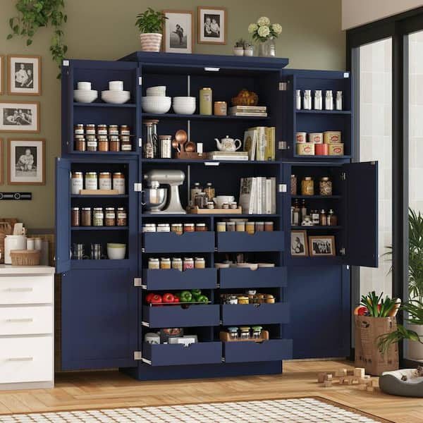 35.5 in. W x 17.6 in. D x 71.9 in. H MDF Ready to Assemble Kitchen Cabinet Kitchen Pantry in Blue with 4-Door