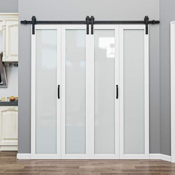 72 in. x 84 in. 1-Lite Tempered Frosted Glass White Finished Composite MDF Bi-Fold Sliding Barn Door with Hardware Kit
