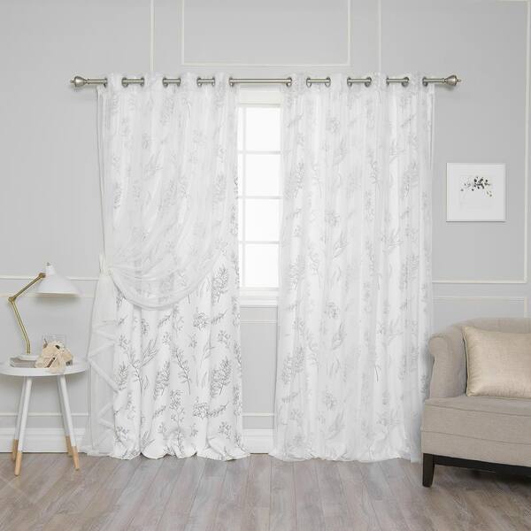 Best Home Fashion White 84 in. L uMIXm Tulle and Botanical Print Curtain (4-Pack)